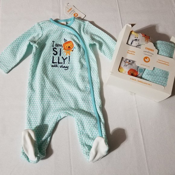 Gymboree Party Animals NWT NB footed sleeper, bib & 2 swaddle blankets torn box. - Picture 3 of 6